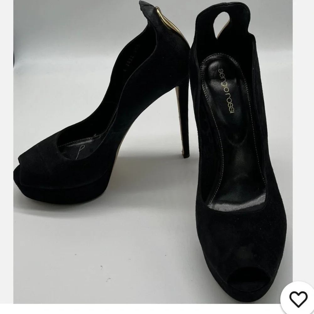 Sergio Rossi Black Suede Platform Peep Toe Pump w/ Gold Heel Cut-Out